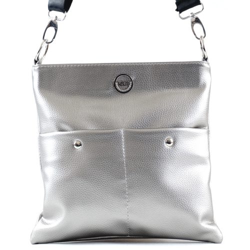 VIA55 női keresztpántos táska elöl két patentos zsebbel, rostbőr, ezüst