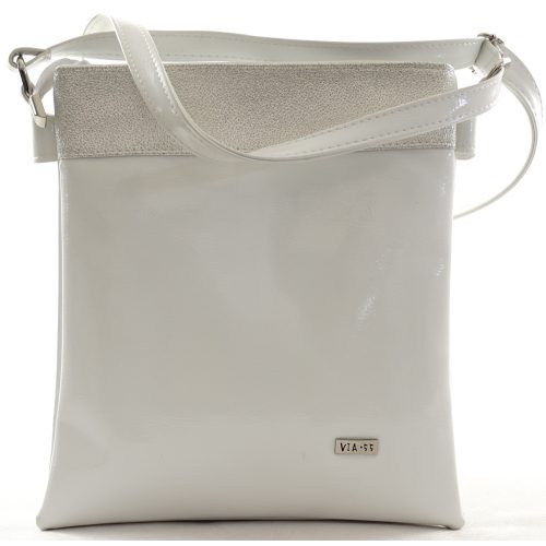VIA55 dupla rekeszes női keresztpántos táska, rostbőr, fehér-ezüst