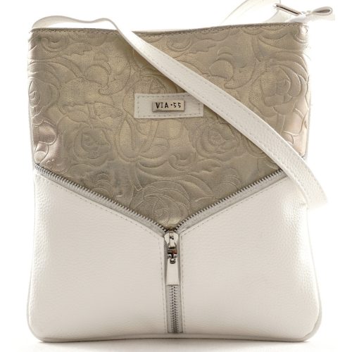 VIA55 női keresztpántos táska díszcipzárral, rostbőr, fehér-arany
