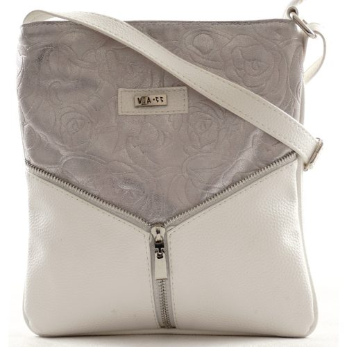 VIA55 női keresztpántos táska díszcipzárral, rostbőr, fehér-ezüst