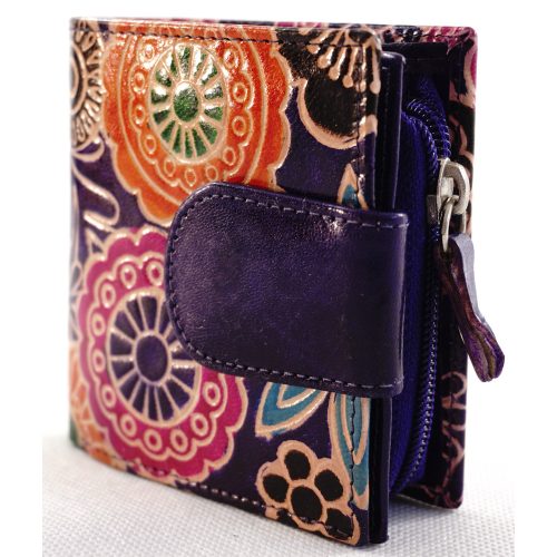 Női pénztárca, virág és mandala mintával, indiai bőr, lila